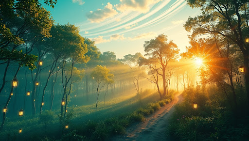 Enchanted forest with floating lanterns at sunset