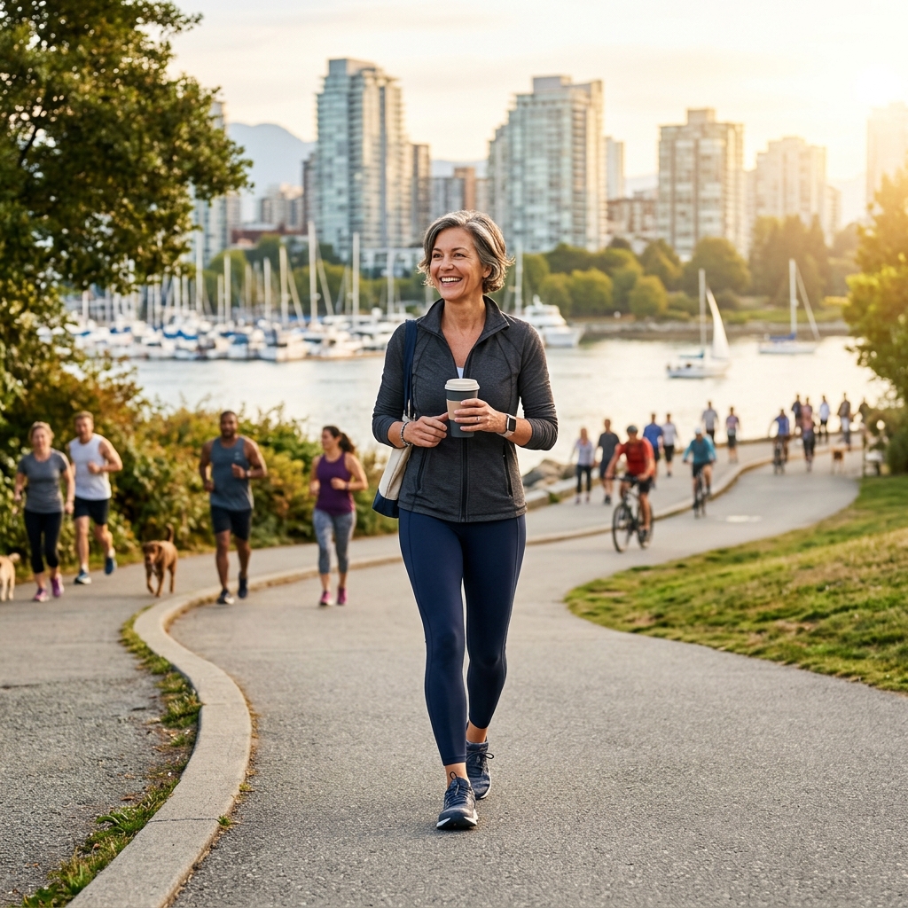 A woman walking beside the water in the city