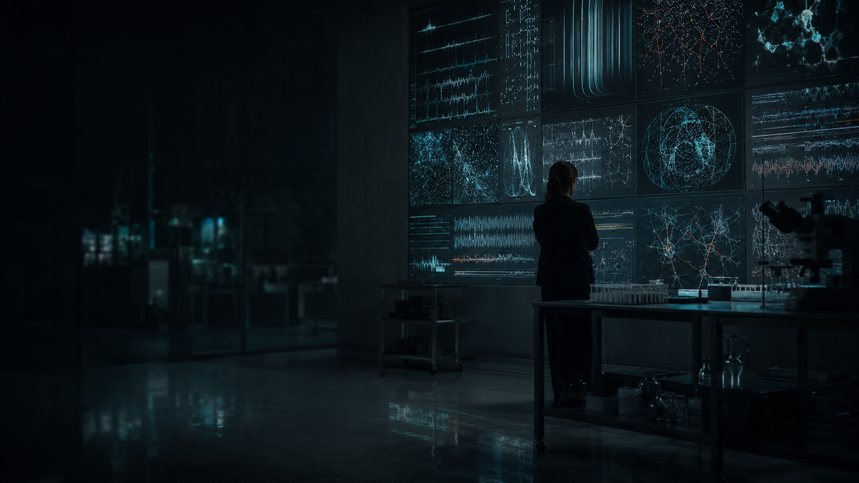 Maria standing before a wall of scientific data