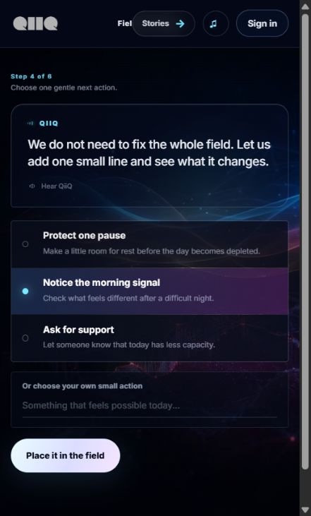 Quest Loop action choices including Notice the morning signal