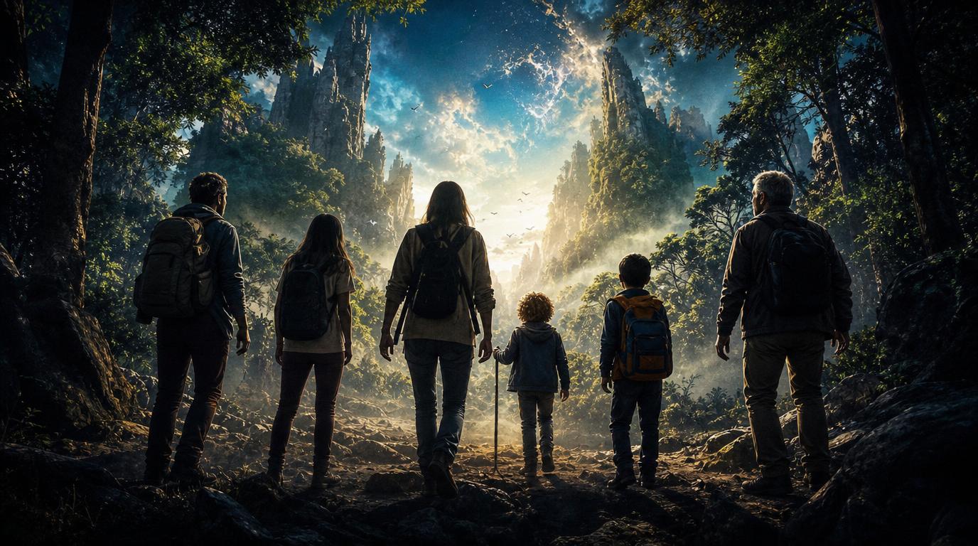 A family looking toward a bright landscape together