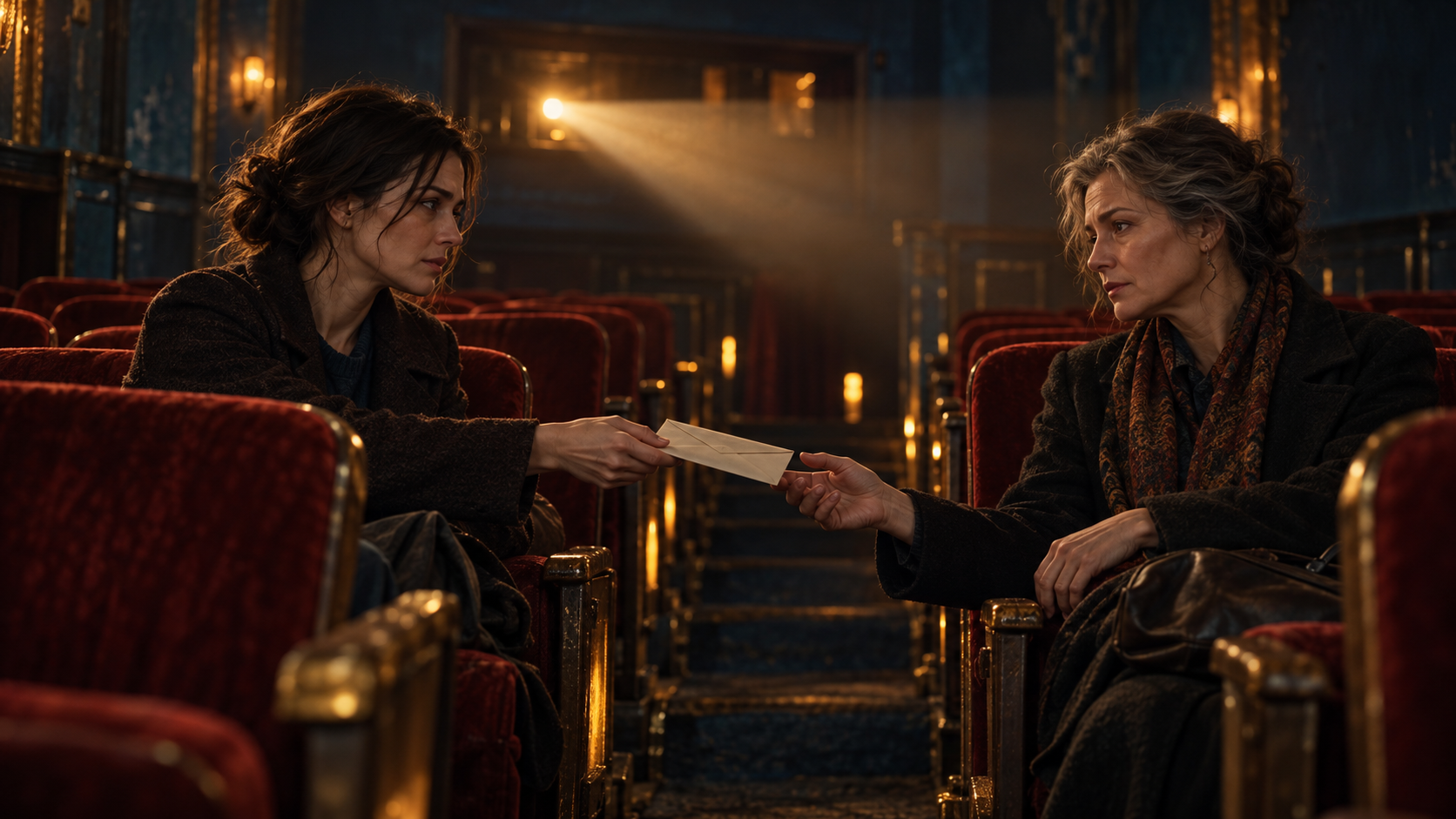 Two characters pass a letter across a cinema aisle